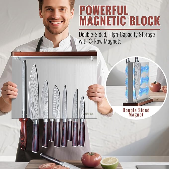 8-Pieces Kitchen Knife Set - High Carbon Stainless Steel Magnetic Knife Block Set with Sharpener Sharp Knives Set for Cooking with Ergonomic Handle