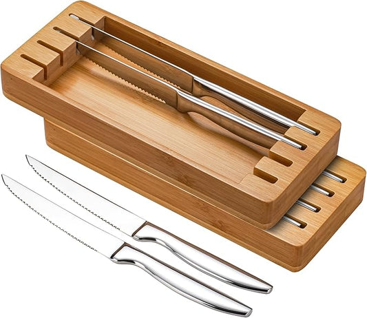 Serrated Steak Knife Set of 8 with Block Holder, Steak Knife with Storage Box Drawer Insert Organizer Bamboo Case, Dishwasher Safe, Silver