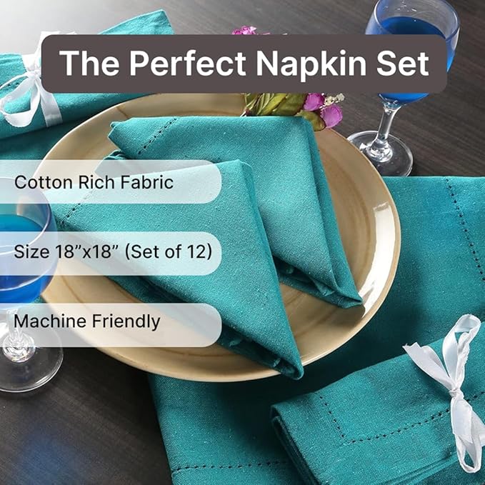 LFH Home Hemstitched Cloth Dinner Napkins 18x18 Inch Set of 12 - Reusable 100% Cotton Machine Washable Cocktail Napkins with Metered Corners for Daily, Party, Wedding, Bar Use - Teal