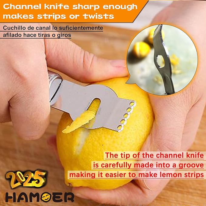 Citrus Lemon Zester & Channel Knife Tool for Kitchen Bar, Stainless Steel Blade, Ergonomic Design, Wooden Handle & Rubber & Plastic Handle Set Tool
