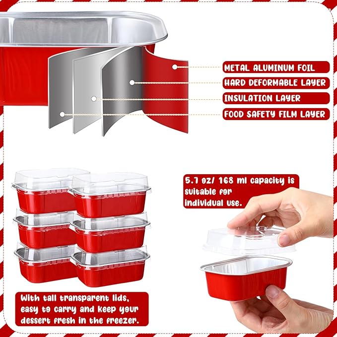 Vesici 100 Sets Mini Loaf Pans with Lids, 5.7 oz Disposable Aluminum Foil Baking Cups, Rectangle Cake Pans for Pudding Desserts Muffin Baking Storage Valentines Wedding Birthday Party(Red)