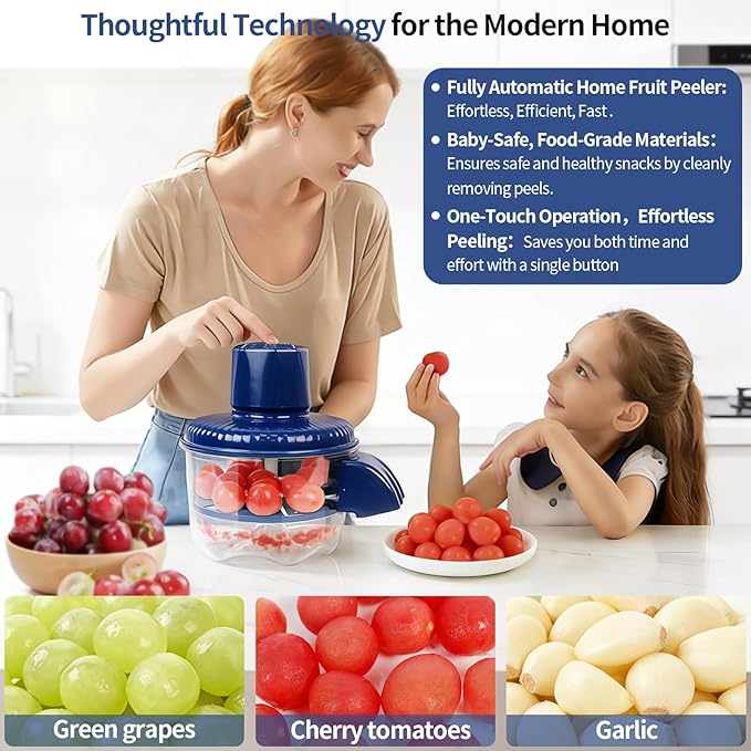 Automatic Peeling Machine, Upgraded 6 Leaf Blade Electric Grape, Cherry Tomato & Garlic Peeler, Rechargeable Wireless, Easy Clean Portable Kitchen Tool for Salad Prep & Picnic (Blue)