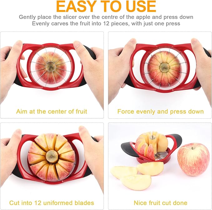 4.72 Inch 12 Super Sharp Stainless Steel Blades Apple Slicer, Corer and Divider, 1 Super Sharp Peeler, 2 Fruit Forks and 1 Orange Citrus Peeler Tool, Red