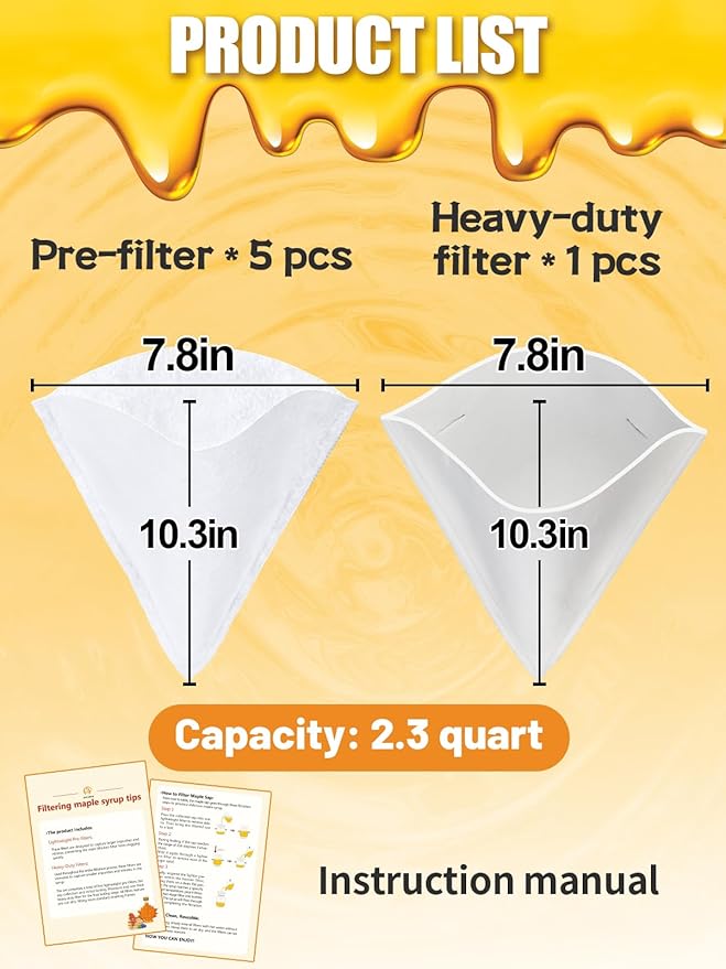 6pcs 2.3 Quart Maple Syrup Filter Cone Set - Maple Tree Sap Sugaring Strainer for Filtering Niter Sugar Sand, 1 Heavy Duty Boiling Filter & 5 Fabric Pre-filters Kit Supplies