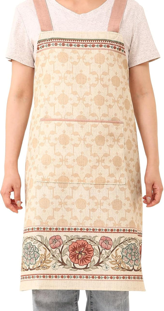 patdrea Blue Floral Linen Apron with Pocket,French Kitchen Garden Chef BBQ Aprons for Women and Men,Crisscross Back Straps