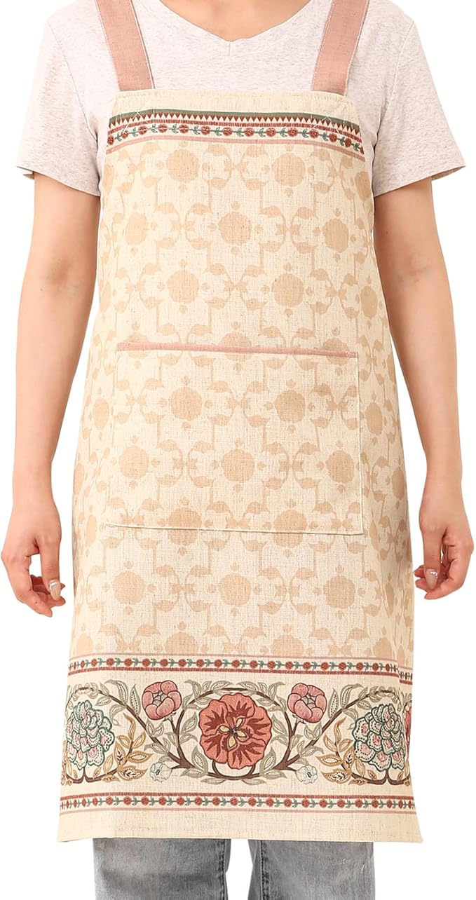 patdrea Blue Floral Linen Apron with Pocket,French Kitchen Garden Chef BBQ Aprons for Women and Men,Crisscross Back Straps