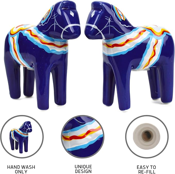 ScandinavianGiftOutlet - Salt and Pepper Shakers - 3.25" Ceramic Dala Horse - Blue Swedish Theme - Kitchen Accessories - Scandinavian Home Decor Novelty Salt & Pepper Set