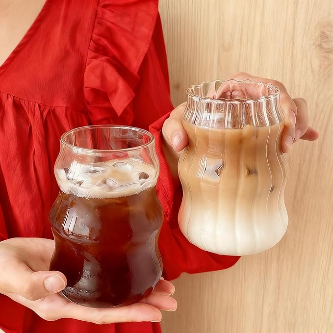 2 Pcs Ribbed Glass Cups, 18 oz Aesthetic Drinking Glasses for Coffee, Iced Drinks, Matcha - Cute Wavy Design Glassware
