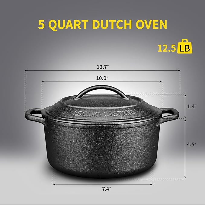 EDGING CASTING Pre-Seasoned Cast Iron Dutch Oven Pot with Lid Dual Handle, Sourdough Bread Baking Pots， Round 5 Quart, Black