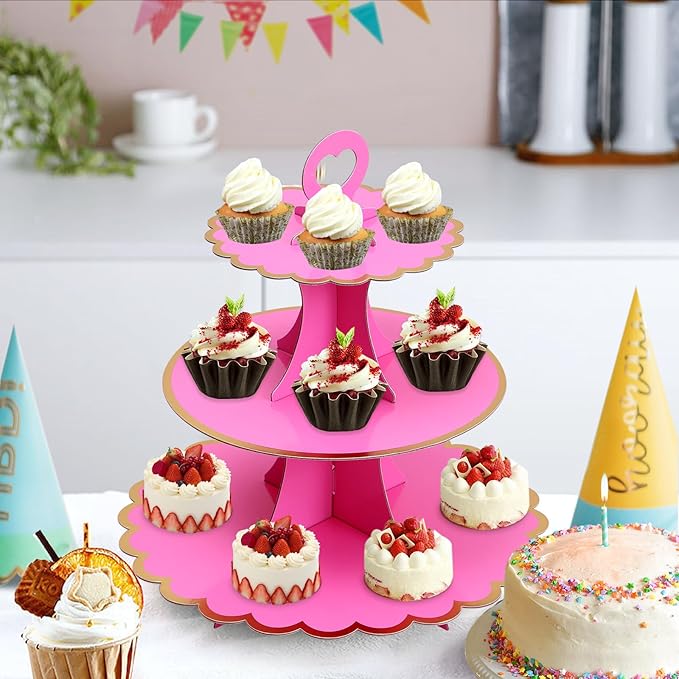 Soleebee 3-Tier Cupcake Stand, Cardboard Cupcake Tower, Cup Cake Stand Tower for Birthday Wedding Party Decoration, Cupcake Tier Stand Fruit Desserts Display 1 Set (Hot Pink Gold)