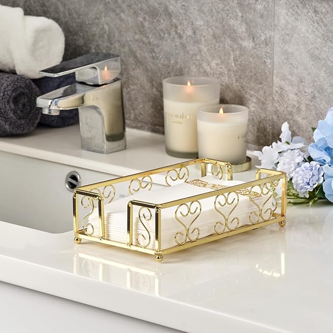 Gold Guest Towel Holder Tray for Bathroom – Napkin Organizer for Disposable Hand Paper Towels, Vanity Countertop Napkin Holder, Modern Bathroom Accessory for Guest Use and Décor