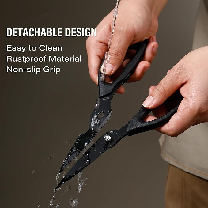 Kitchen Shears Come Apart Kitchen Scissors with Serrated Blade Premium Black Titanium Plated Stainless Steel Shears for Food Heavy Duty Chicken Bone Fish Nutcracker Can Opener 02A