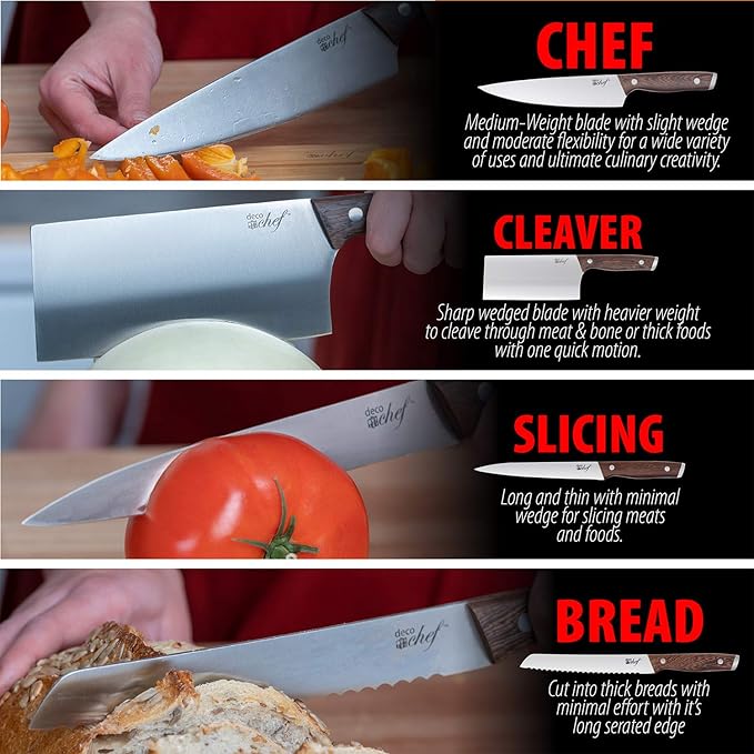 Deco Chef 16 Piece Kitchen Knife Set Stainless Steel with Wood Handles, 8" Chef, 6.5" Cleaver, 8" Bread, 8" Slicing, 4.5" Paring, 6pcs Steak Knives, Kitchen Shears, and more