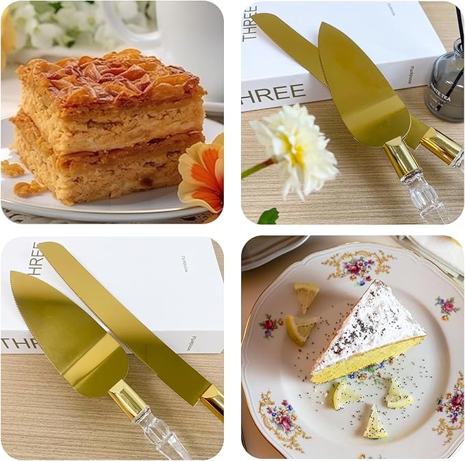 Adorox Elegant Cake Knife and Server Set - Stainless Steel with Crystal Handle - Perfect for Weddings & Anniversaries,and Special Celebrations (Gold)