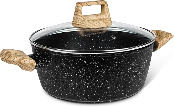 MICHELANGELO 4.3 Quart Nonstick Soup Pot with Lid, Non-Toxic Granite Coating, Induction Compatible, Non Stick Pot for Cooking with Stay-cool Handles, Black
