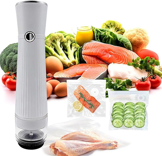 RAIN SPIRIT Handheld Vacuum Sealer for Food, Compact Vacuum Sealer Machine,Cordless Portable Food Saver Machine & Reusable Bags Compact for Travel, rechargeable vacuum sealer (White with 20 bags)