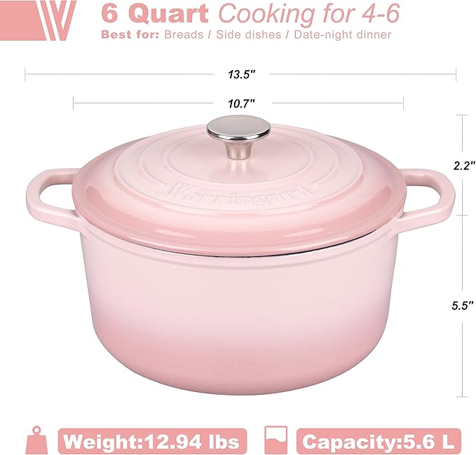 VORRINGARD Enameled Cast Iron Dutch Oven Pot with Lid, for Sourdough Bread Baking, Round Dutch Ovens, 6 Quart, Pink