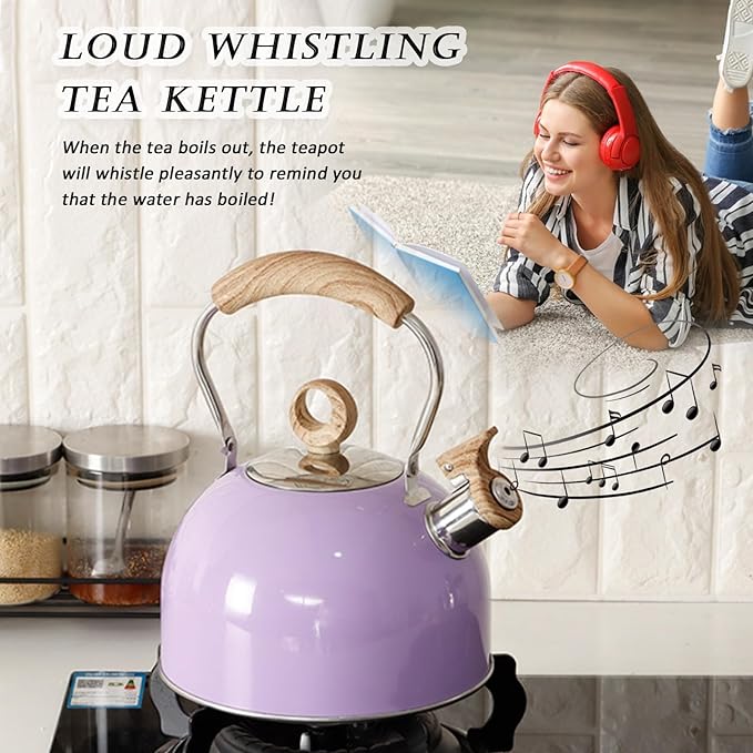 Stove Top Whistling Tea Kettle, 2.3 Quart Purple Stainless Steel Teapot for Boiling Water Coffee or Milk, Tea Pot with Ergonomic Handle Suitable for All Stovetops (Purple), 2.5L, VO-SH05