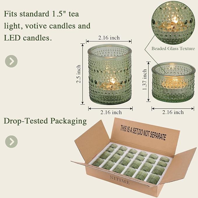 Green Votive Candle Holders Set of 24, Assorted Heights Polka Dot Tealight Candle Holders for Table Centerpiece, Green Glass Candle Holder Decor for Wedding, Party & Home Decor