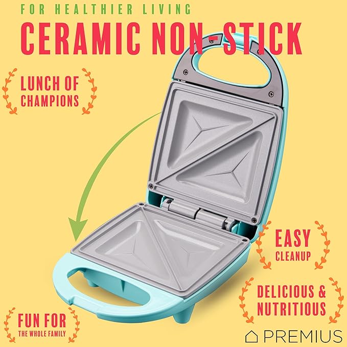 Ceramic NonStick Mini Snack Sandwich Maker, Indicator Light, 5x4.4 Inch Mold, Great for French Toast, Tuna Melt, Egg & Grilled Cheese, Pancake Sandwich, Desserts, Toasties, 520 W (Turquoise)