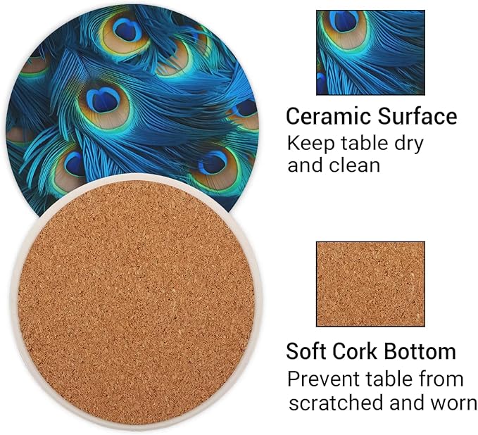 Round Coasters Set of 2, Blue Peacock Feathers Absorbent Ceramic Coaster with Cork Base, Bar Coasters for Drinks Coffee Mugs Tea Cups Wine Glasses Home Decor Gifts (4 inches)