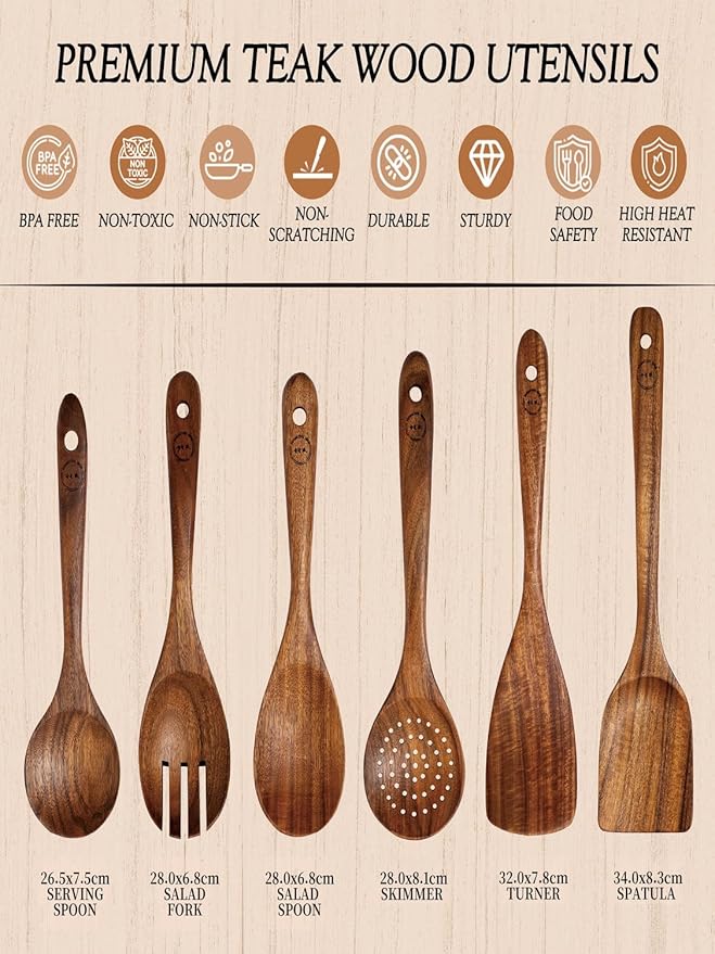 100% Natural Teak Wood Wooden Utensil Set – 6 Pcs Durable Kitchen Spoons for Cooking – Non-Stick & Heat Resistant, Eco-Friendly & Comfortable Grip