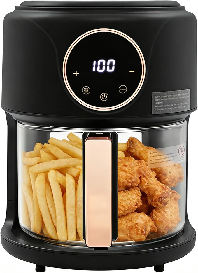 PERFERATE Glass Air Fryer 4.44Qt Capacity Glass Airfryer with 360° Transparent Viewable Fry Bowl, Precise Temperature(175°F - 400°F) & Time(60 Min) Control, 1200W Oil-Less Cooking (Black)