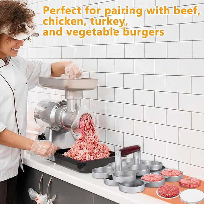 Mini Burger Press Small Meat Patty Maker with 300 Patty Papers Round Shape Press Patty Maker for Mini Hamburger, Barbecue, Picnic, Camping, Six 2.64-inch Slots