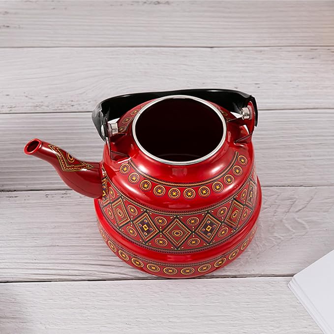1.1L Arab style Vintage Tea Kettle,Enamel Tea Kettle with Handle,Enameled Teapot Stovetop,Hot Water Kettle for Home Kitchen Decor, No Whistling (Red)