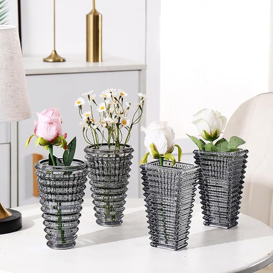 MCMCNCUIU Crystal Flower Vase Set of 4, Glass Vases for Centerpieces, Black Vases for Flowers, Small Vase for Living Room, Bedroom, Kitchen, Office, Wedding