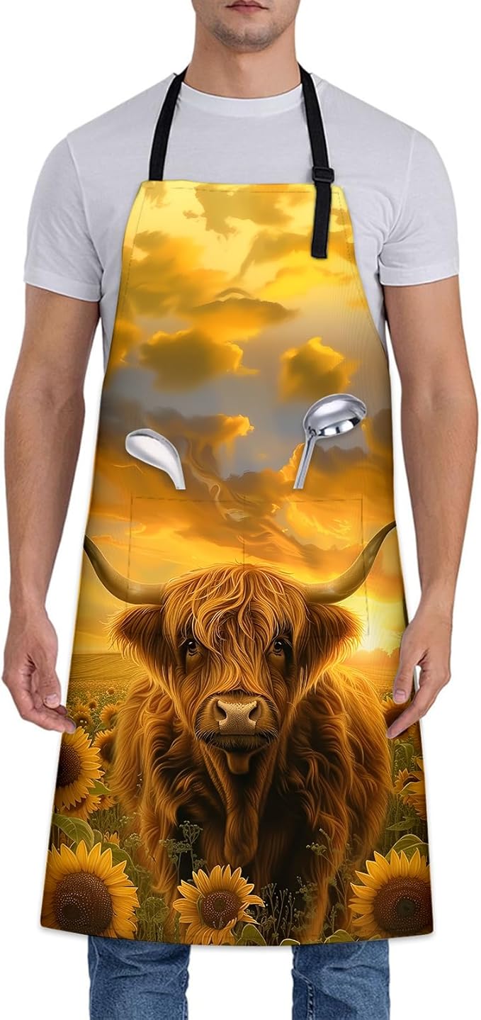 Highland Cow in Sunflower Field Apron, Adjustable Kitchen Sunset Design Aprons with Pockets for Cooking BBQ Gardening, 28×33 IN, Holiday Gifts for Women Wife, for Chef Baking, Oxford Fabric