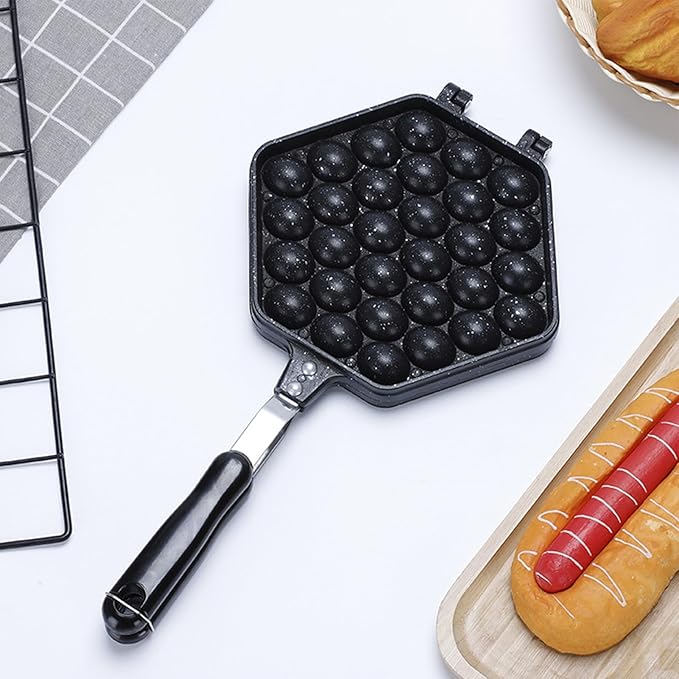 Bubble Waffle Pan, Cast Aluminum Non Stick Stovetop Maker with Cool Touch Handles for Home Use, Gas Stove Compatible Waffle Iron for Cafe Party and Teahouse