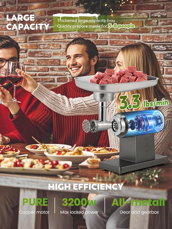 Flyseago Meat Grinder Electric 3200W Meat Mincer Chopper Machine Multifunctional with Cutting Blade 3 Grinding Plates 3 Sausage Stuffers Kubbe Kit Juicer Cheese Grater Veggie Shredder