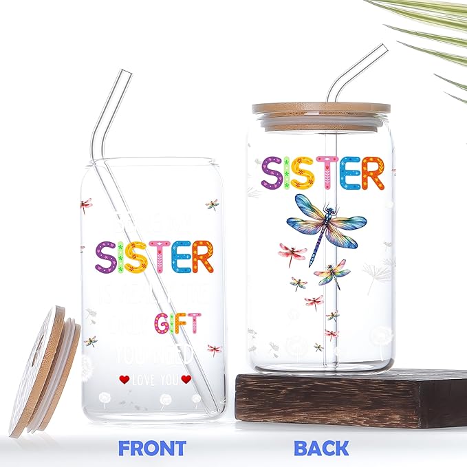 Gifts for Sister 16 Oz Glass Cups with Lids and Straws Funny Sis Iced Coffee Cup Birthday Mother's Day Christmas Gift from Brother Sisters for Friends Sibling Soulmate Bestie Women BFF