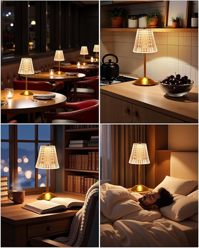Rechargeable Cordless Table Lamp, Touch Control Crystal Desk Lamp with 3500mAh Battery, 3 Color Dimmable LED Small Lamp for Bedroom Bedside Restaurant Kitchen Home Decor, Gold