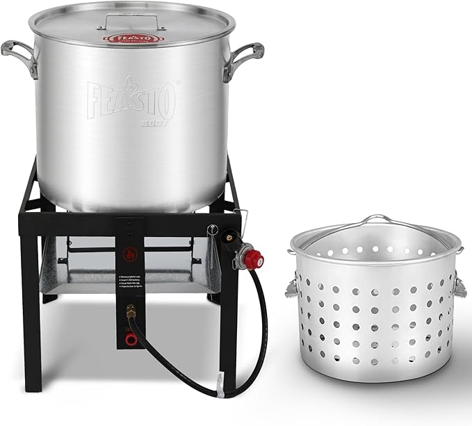 Feasto 80 QT Seafood Boil Pot with Basket and Burner, Aluminum Seafood Boil Pot and Burner Kit with 100,000 BTUs Output and 10 PSI Regulator for Cooking Crawfish, Shrimp, Crab, CSA Certified