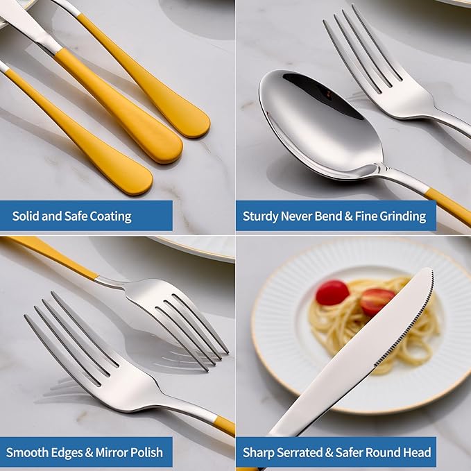 20-Piece yellow Silverware Set, 18/0 Stainless Steel yellow Handle Flatware Set, Service for 4, Modern Cutlery Set Includes Dinner Knives Forks Spoons, Mirror Polished, Dishwasher Safe