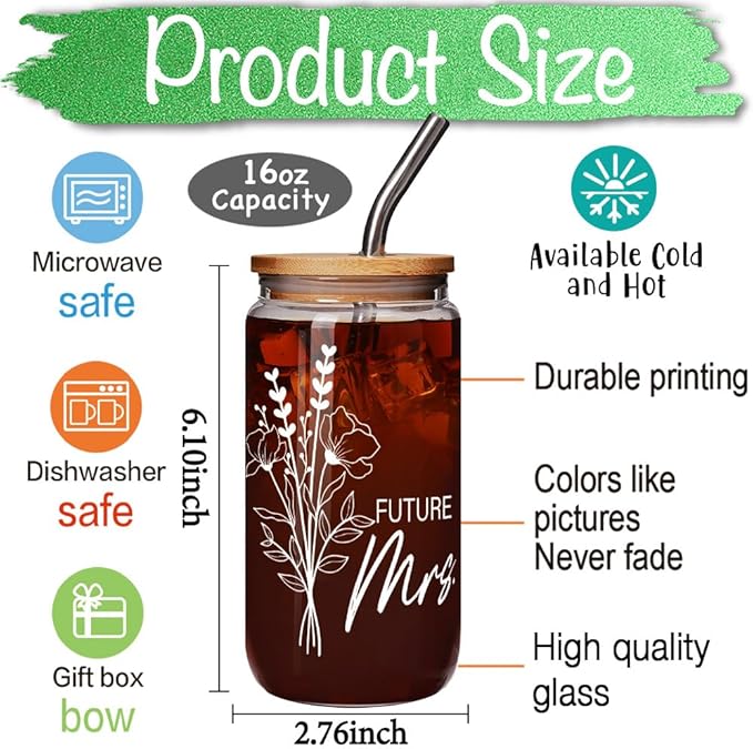 Bride to Be Glass Cup Gifts, Bridal Shower Gift, Engagement Gifts for Women, Bachelorette Gifts for Bride, Bachelorette Party Favors, Future Mrs Glass Cup, Engaged Glass Gifts for Her 16 Oz Can Glass