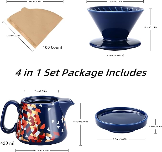 Polydremio Pour Over Coffee Maker, Ceramic Coffee dripper with 100 pcs V60 Paper Filter, Ceramic coffee Server with Lid, 15.5oz/450 ml, Suitable for 1-2 people (Blue)