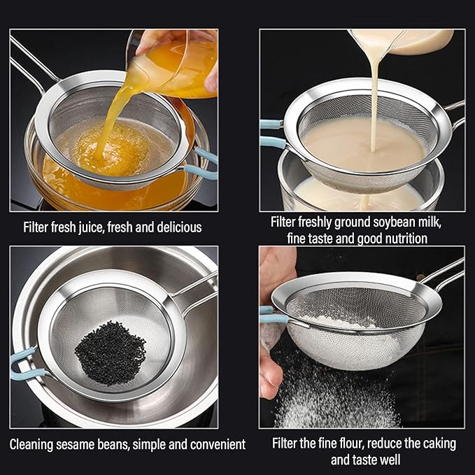 60 Mesh Fine Mesh Strainers, Stainless Steel Sieve Fine Mesh Strainer Handheld Flour Colander with Long Handle, Flour Sifter for Kitchen (14cm)