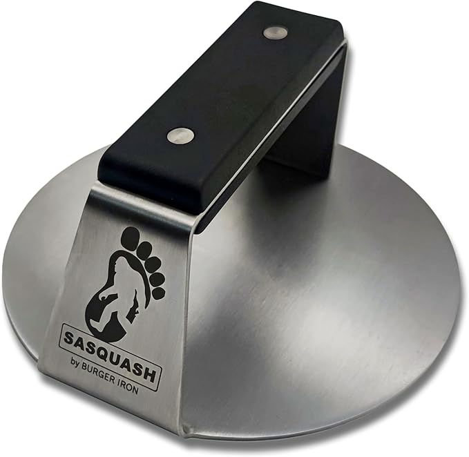 The Sasquash - 6" Heavy Duty Extra Wide Flat Handle Smashed Burger Press - Commercial Grade Welded Stainless Steel Burger Smasher (5pc Burger Master Kit)