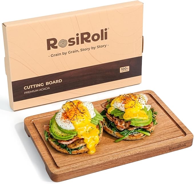 RosiRoli Small Acacia Wood Cutting Board for Kitchen - 11.5"x7" Compact Tablet-Sized Chopping Board, Mini Charcuterie, Steak & Brunch Serving Tray with Juice Grooves & Handles, Ideal Gift for Foodies