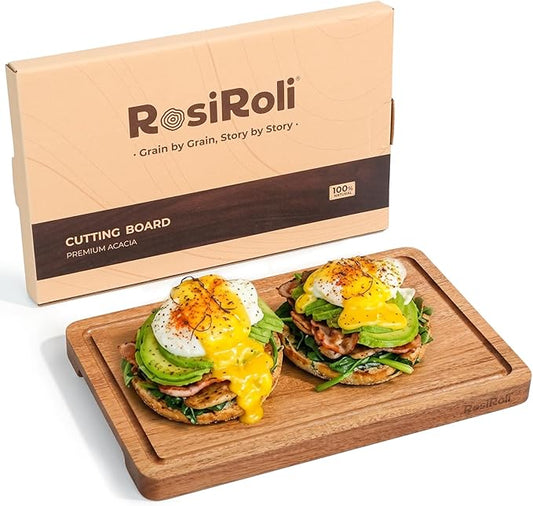 RosiRoli Small Acacia Wood Cutting Board for Kitchen - 11.5"x7" Compact Tablet-Sized Chopping Board, Mini Charcuterie, Steak & Brunch Serving Tray with Juice Grooves & Handles, Ideal Gift for Foodies