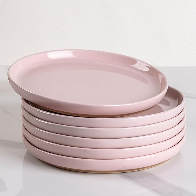 AmorArc Ceramic Dinner Plates Set of 6,10.5 Inch Stoneware Plates Set for Dinner, Elegant Dish Set with Rustic Terracotta Underside,Microwave & Dishwasher Safe-Cloud Pink