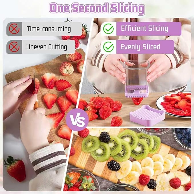 Fruit Slicer Cup for Strawberry, Banana, Hard-Boiled Egg - Detachable Cutter with Push Plate - Rapid & Safe Slicing Kitchen Gadget for Quick Meal Prep (Purple)