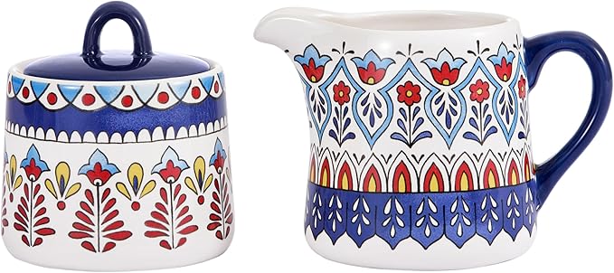 Bico Boho Totem Ceramic Sugar and Creamer Set, Sugar Bowl with Lid, Cute Container for Coffee Bar, Kitchen Countertop Accessories, Microwave and Dishwasher Safe
