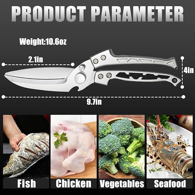 Professional Heavy Duty Kitchen Shears for Food – All in one Stainless Steel Chicken Shears Cut Bones, Meat, Fish Scales, Bottle Opener, Dishwasher Safe, Gift for Christmas Thanksgiving，Silver