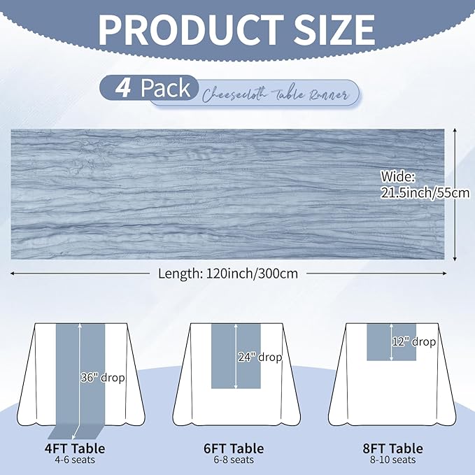 4 Pack Dusty Blue Cheesecloth Table Runner 10Ft, Gauze Table Runners 21.5 x 120 inch,Semi Sheer Cheese Cloth Fabric Runner Bulk for Wedding,Party,Baby Shower,Bridal Shower