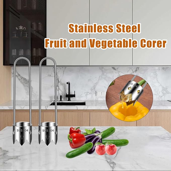 2 PCS Red Bell Pepper Corer - Pepper, Pineapple, Pear, Apple Corer - 304 Stainless Steel, Rust Resistant, Designed for a Wide Range of Fruits and Vegetables - Easy to Clean