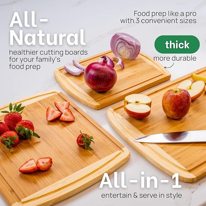 Organic Bamboo Cutting Boards for Kitchen Set of 3 with Lifetime Replacements – Premium Extra Large Wood Chopping Boards with Juice Grooves for Carving & Serving, Non-Toxic & Durable by Greener Chef